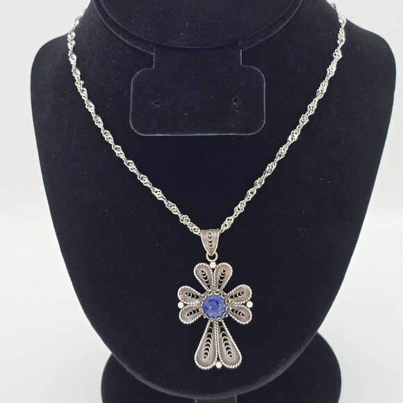 Vintage Sterling Silver Lapis Lazuli DGS 925 Turkey Filigree Cross Necklace - Picture 1 of 7